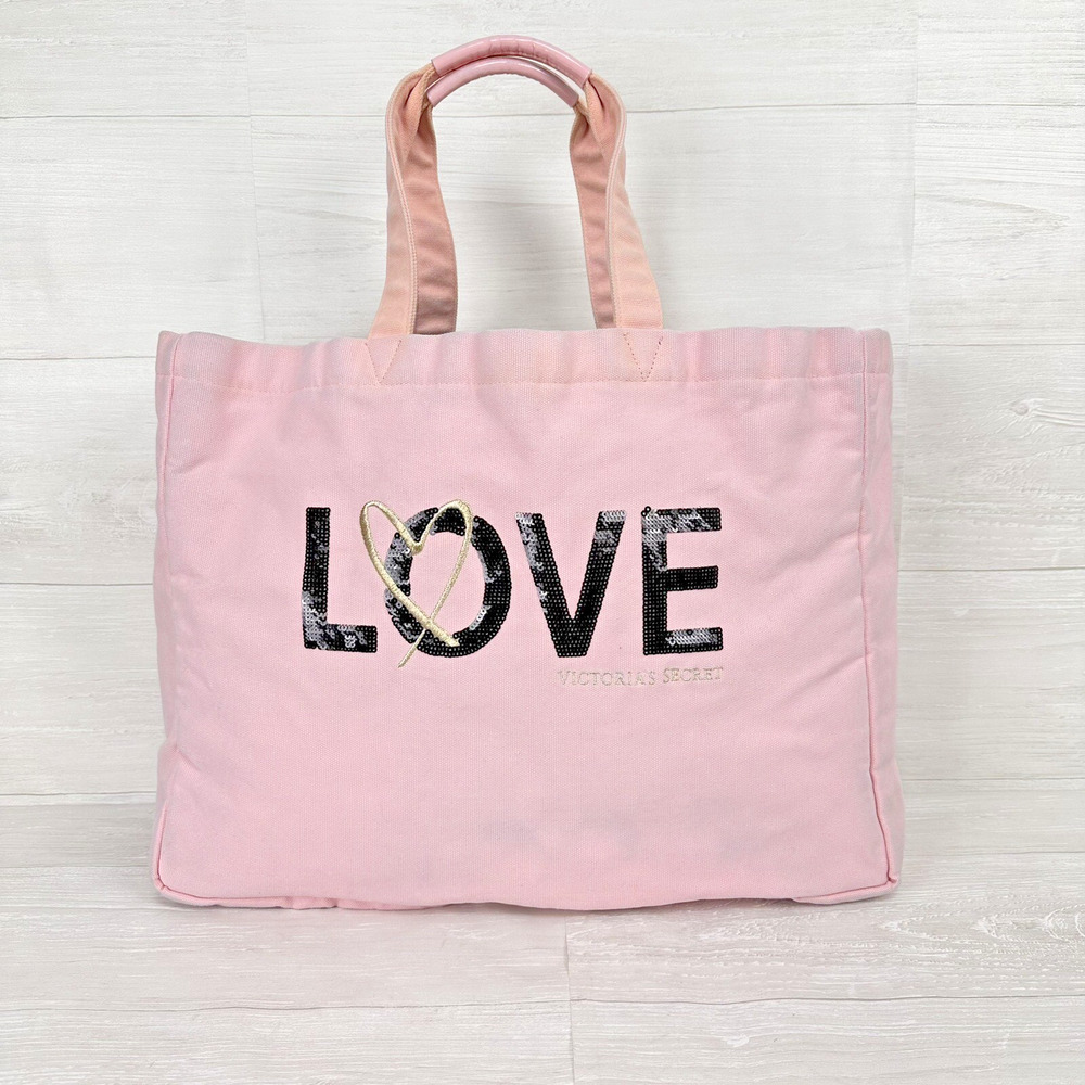 Victoria's‎ Secret Canvas Tote Bag Large Pink Beach Weekend LOVE Sign Sequin